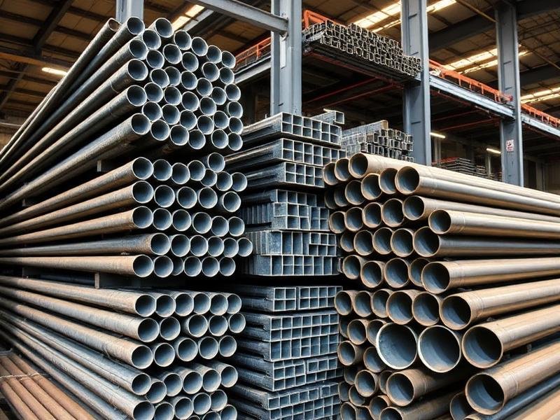 Steel bars and pipes stacked in a warehouse